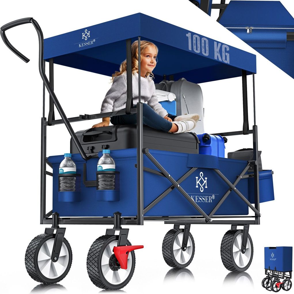 A young girl sits in a blue foldable wagon filled with luggage, water bottles, and other items, with a canopy overhead.