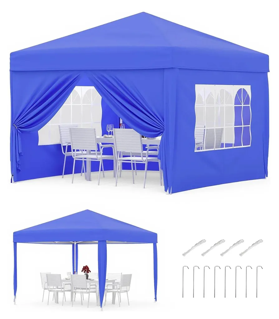 Tente pliante 3x3m en alu et tissu Oxford 420D bleu pour jardin