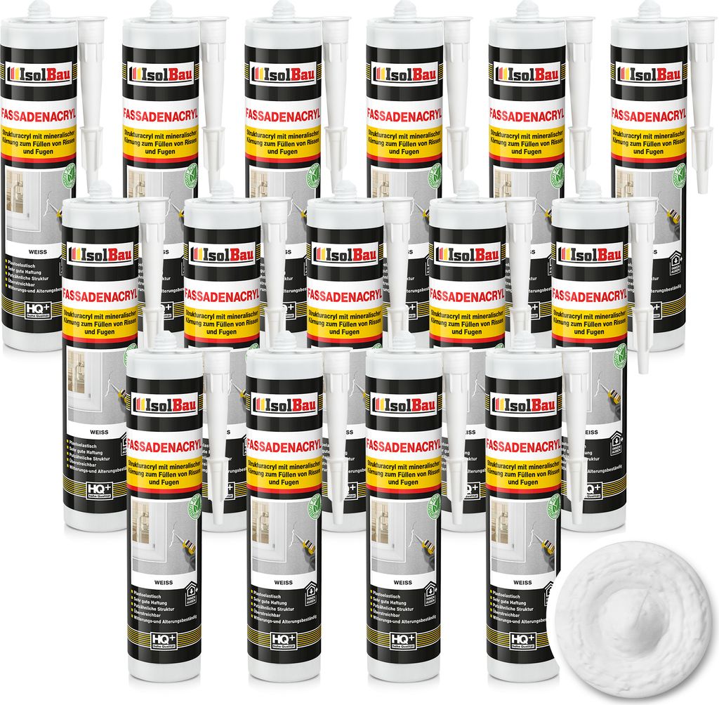 Isolbau Fassaden-Acryl - 15 x 300 ml Acryl-Dichtstoff mit Körnung zum Füllen von Rissen & Fugen im Innen- & Außenbereich - Weiß