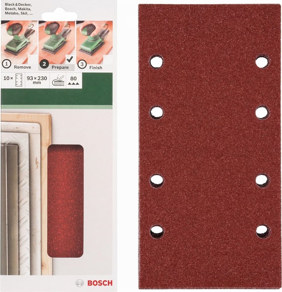 Bosch Schleifblatt Klett 10 Stück, 93 x 230 mm, Körnung 80 für Schwingschleifer