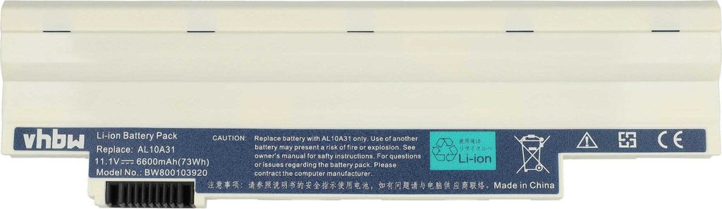 vhbw Akku kompatibel mit Acer Aspire One D260-2680, D260-2919, D260-N51B/K, D260-2Bkk, D260-2Bp, D260-N51B/KF Notebook (6600 mAh, 11,1 V, Li-Ion)