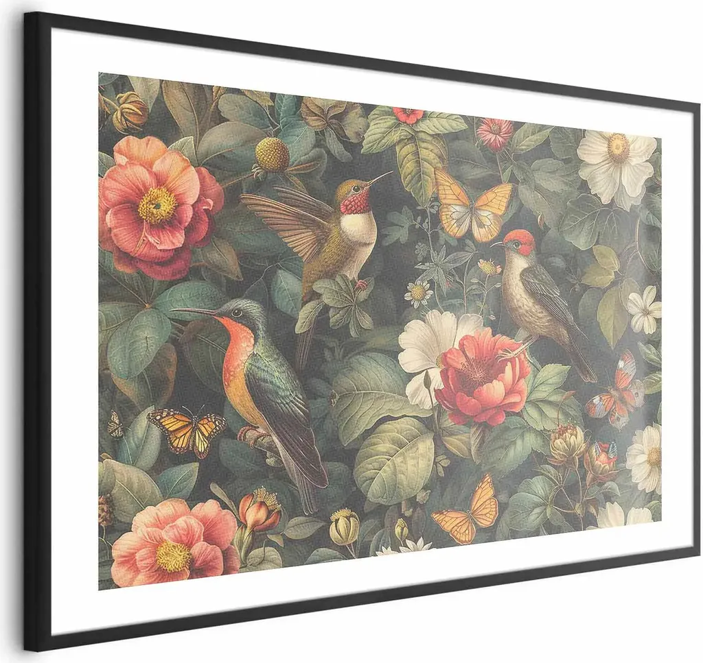 Quadro Moderno Fiori e Farfalle 90x60 con Cornice Nera Minimalista