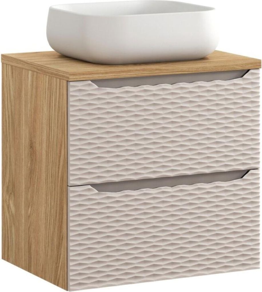 Badezimmer-Set YOKA beige: Unterschrank mit Schubladen 60 cm + Platte für Waschbecken + Waschbecken