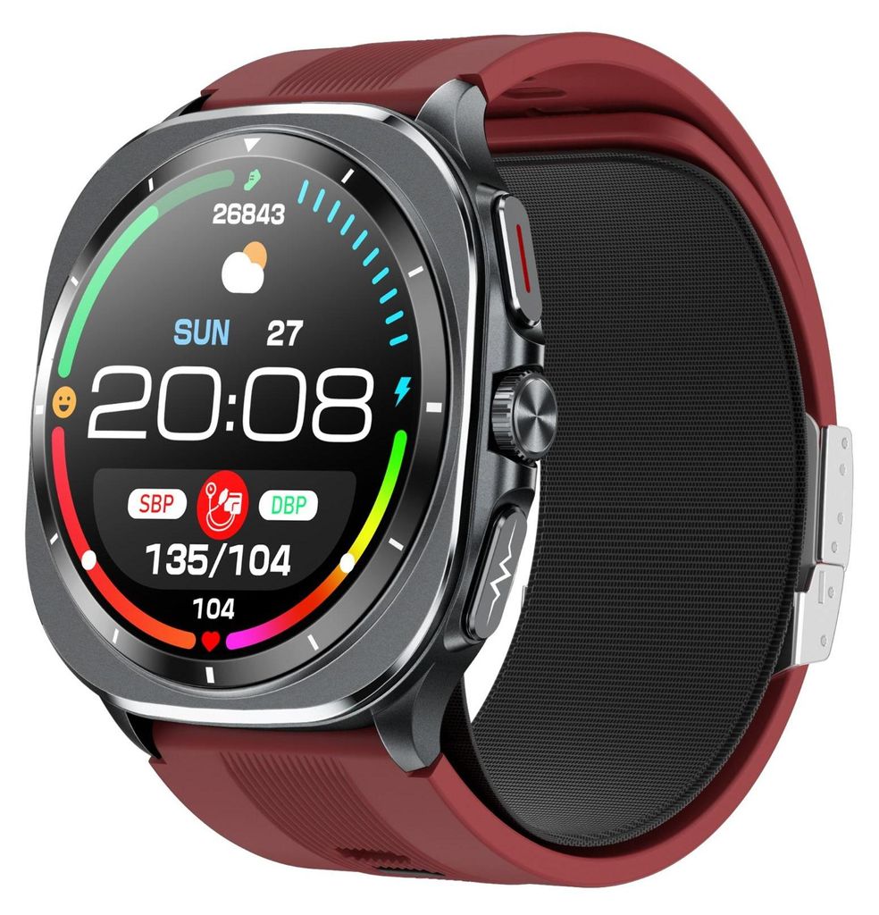 A smartwatch with a red strap is displayed against a dark background. The watch face shows the time, date, weather, and health metrics.