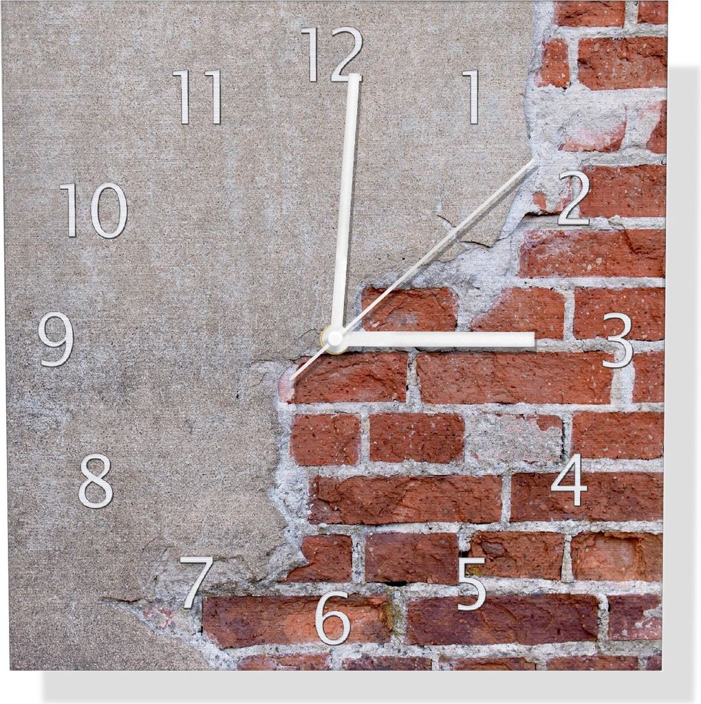 Wallario Design Wanduhr Steinwand rote Ziegelsteine mit Putz aus Aluverbund, Größe 30 x 30 cm