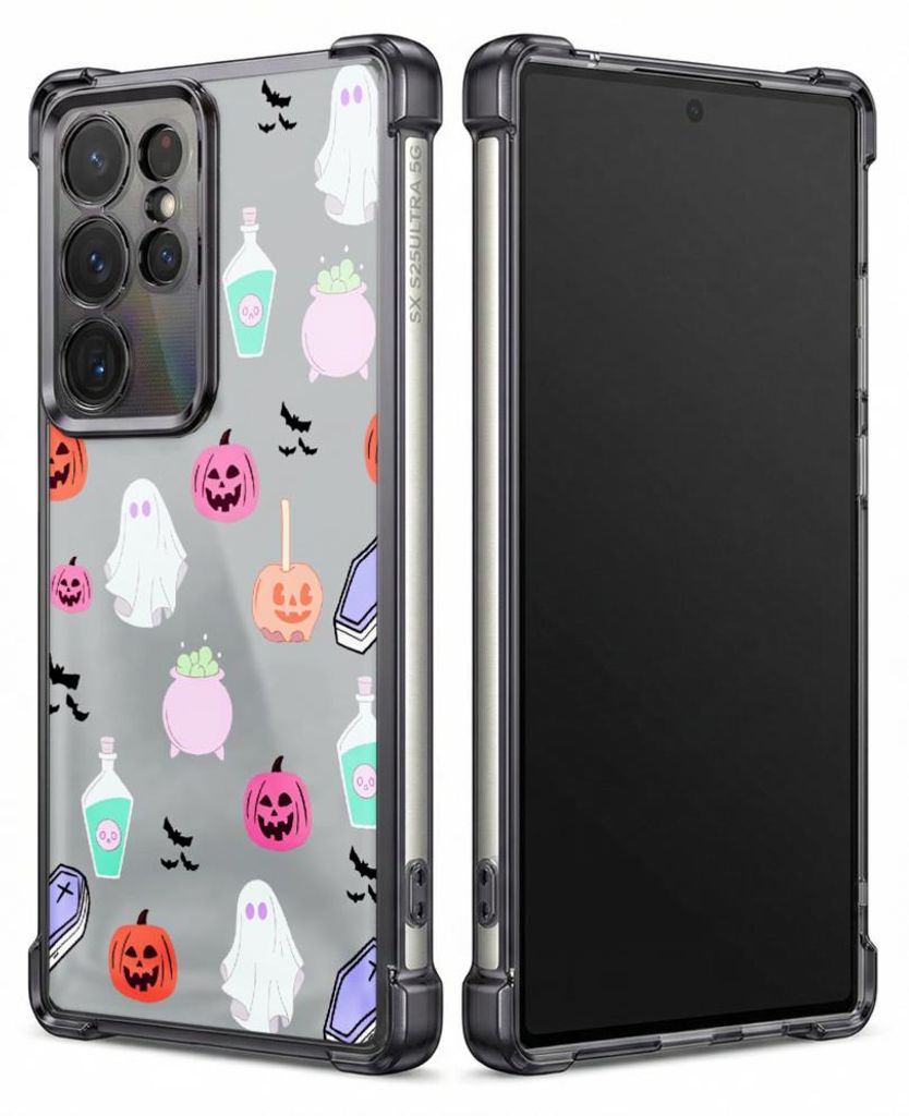 Personalisierte Hülle mit Bild für Samsung Galaxy S25+ Elektroplattiert TPU Stoßdämpfer Handyhülle mit Geisterkürbis-Fledermaus-Flaschenbonbons