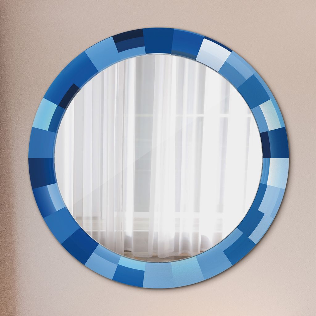 Ø70cm Spiegel - Glasrahmen mit Aufdruck - Wandspiegel Schlafzimmer - blau abstrakt