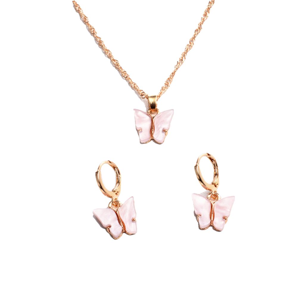 2 Teile/satz Piercing Elegante Halskette Ohrringe Set Legierung Schmetterlinge Anhänger Halskette Ohrringe Schmuck Zubehör-Rosa