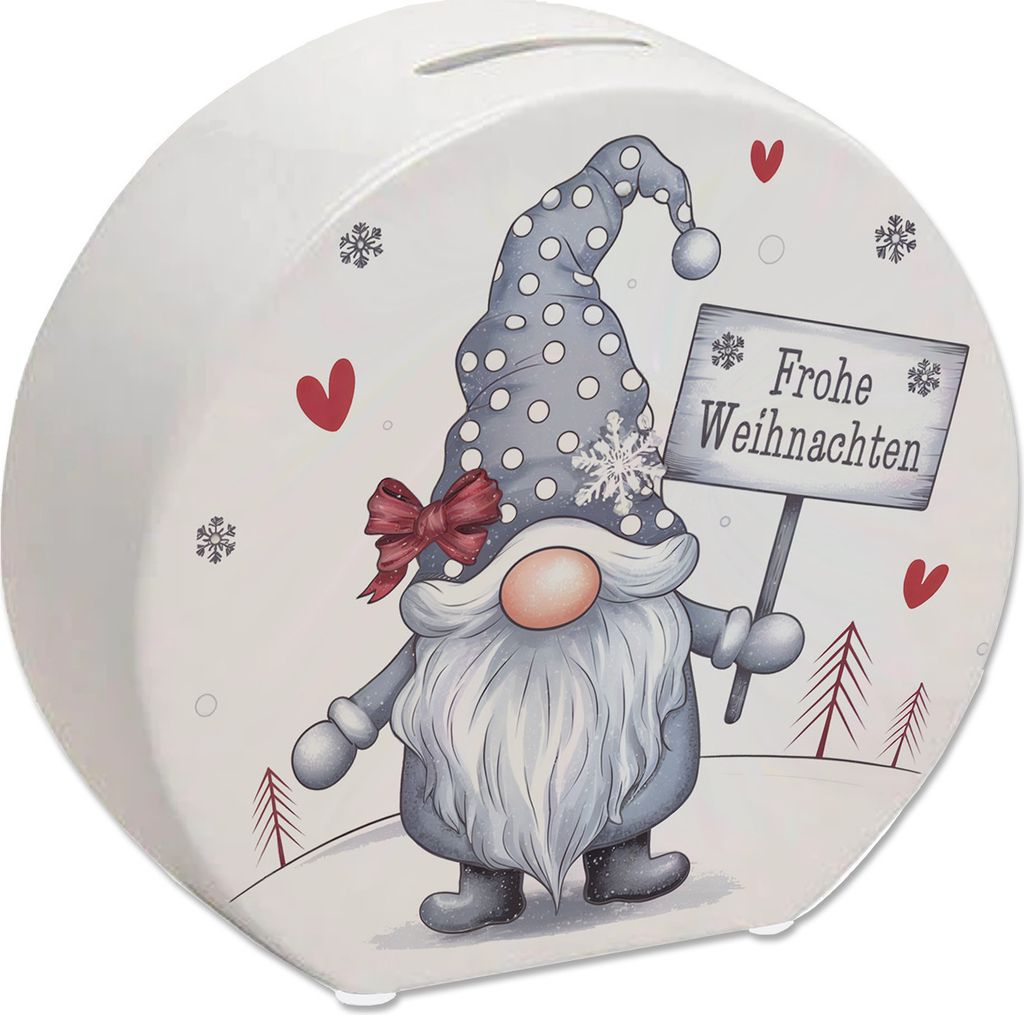 niedlicher Weihnachtswichtel mit Schild Spardose - Frohe Weihnachten