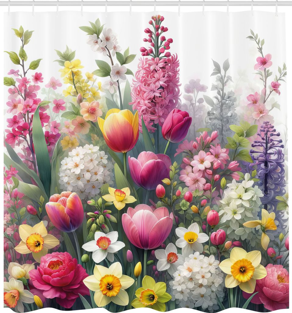 ABAKUHAUS Duschvorhang, Wunderland Dschungelthema Blühende florale Szene mit zarten Blütenblättern Grün, Stoffliches Gewebe Badezimmerdekoratio...