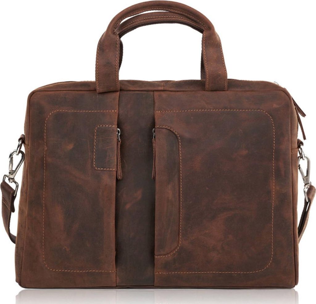 Paolo Peruzzi Herren Aktentasche Echtleder Vintage A4 Laptopfach 14-15,6 Zoll Reißverschluss Braun