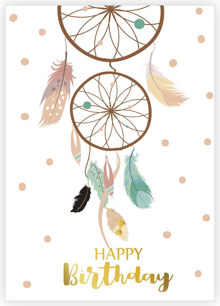 Boho Stil Geburtstagskarte mit Federn und Traumfänger: Happy Birthday