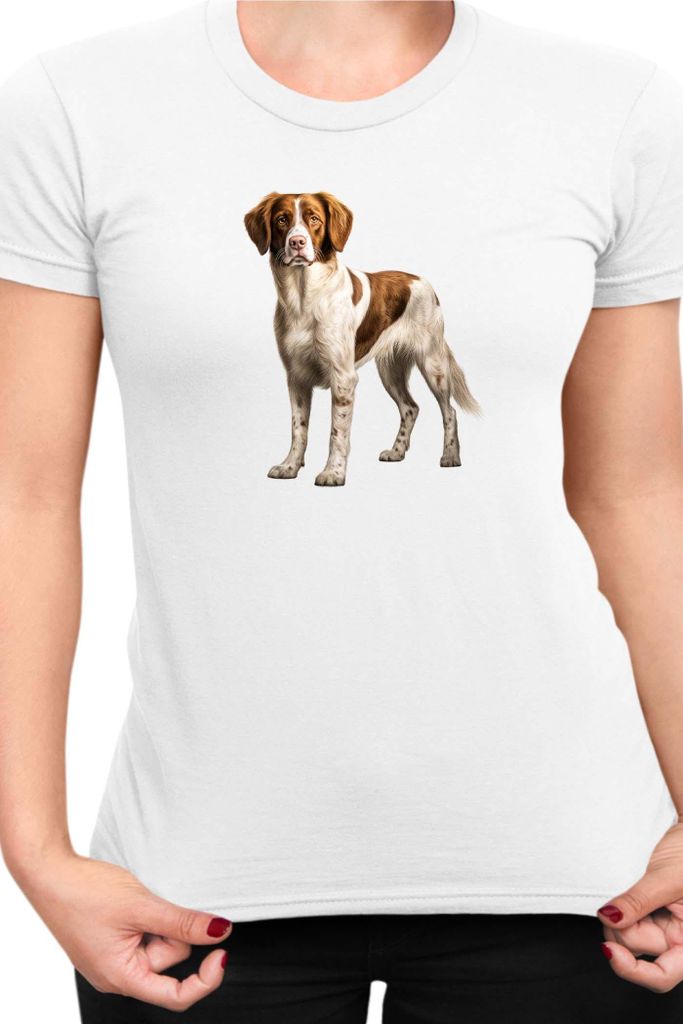 Damen T-Shirt Dogs Breeds Brittany Dog Breed 005, Lady L / Weiß