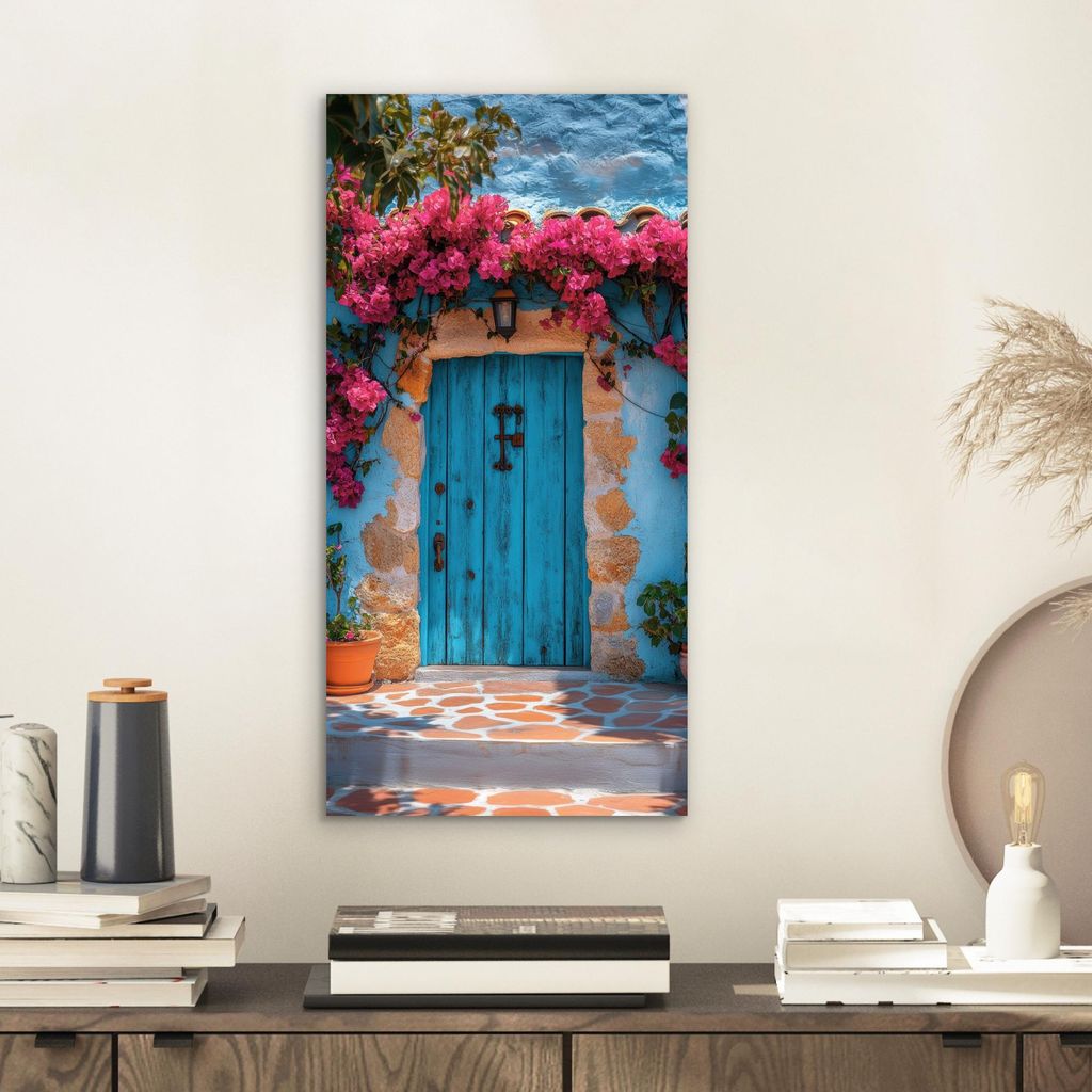 MuchoWow Wanddekoration Metall Metallbild Wandkunst 20x40 cm Tür - Holz - Blumen - Blau MuchoWow Aluminium Gemälde - Aluminium Gemäldes