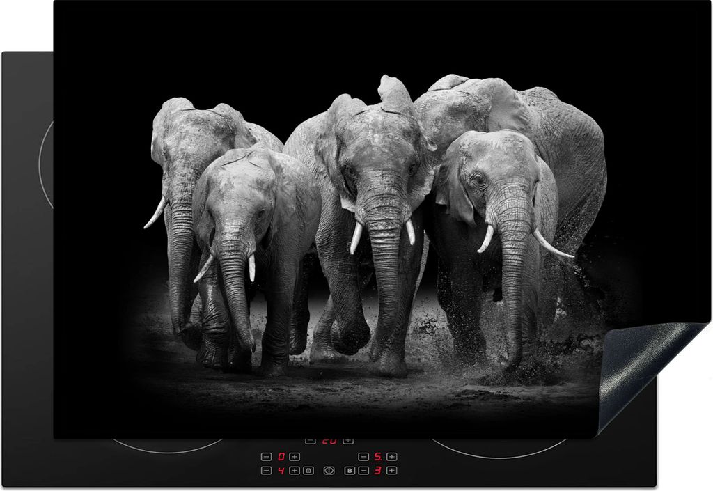 KitchenYeah Herdabdeckplatte Elefant - Schwarz - Weiß - Tiere , 76x51cm, Küche Deko, Glaskeramikkochfeld Herdabdeckung, Abdeckplatte fùr Kochfeld