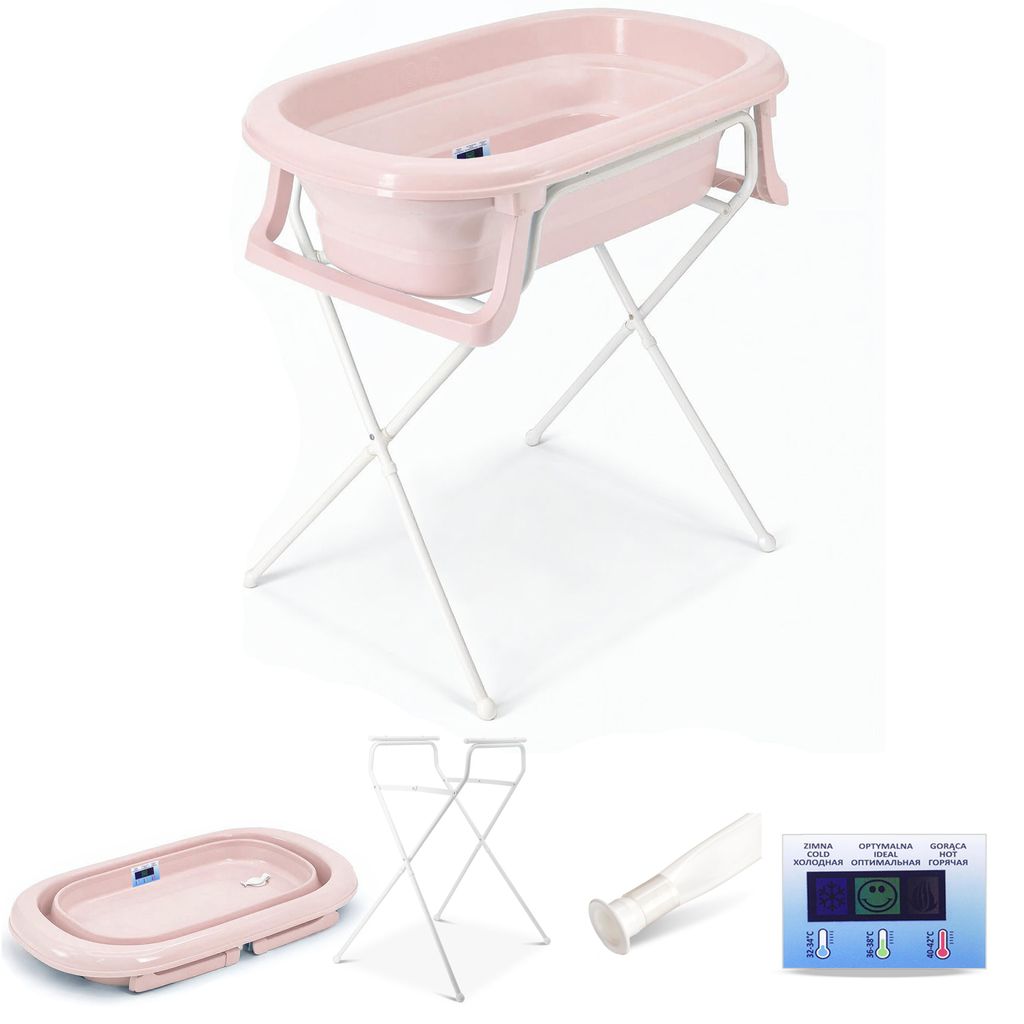 Faltbare Babybadewanne mit Ständer 4 Set - Babywanne, Gestell, Thermometer, Abflussschlauch - Baby Wanne klappbare mit klappbaren Ständer