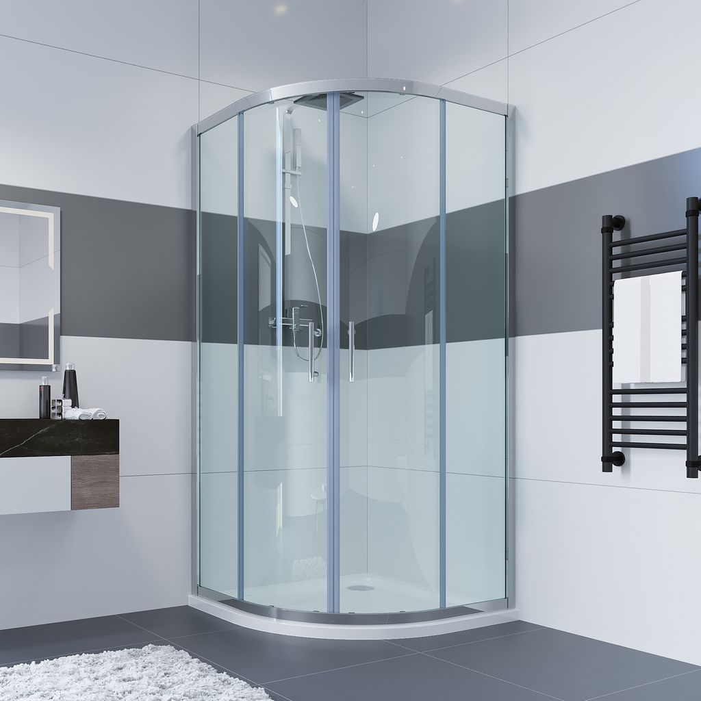 A modern bathroom with a corner shower cabin.
