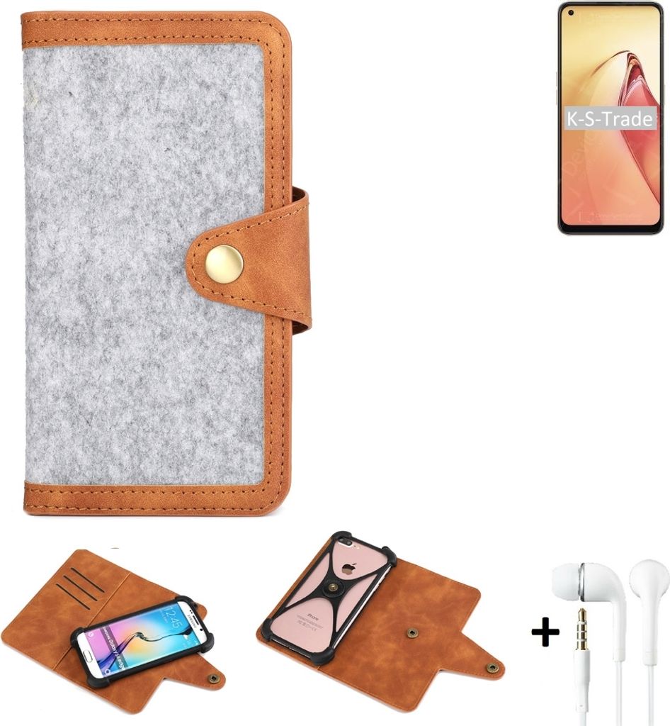 K-S-Trade Handyhülle + Kopfhörer kompatibel mit Oppo Reno8 Schutzhülle Filz Hülle Kunstleder hellgrau braun (1x)
