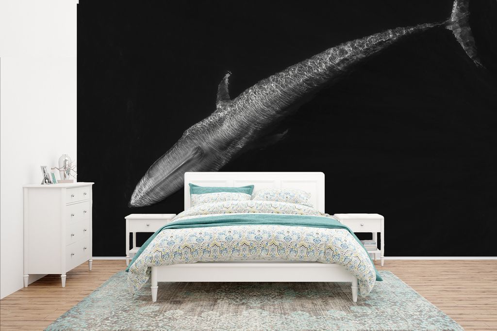 MuchoWow Fototapete für Wohnzimmer oder Schlafzimmer Wandtapete Vinyl Motivtapete Blauwal - Schwarz - Weiß - 400x240 cm - Gemustert
