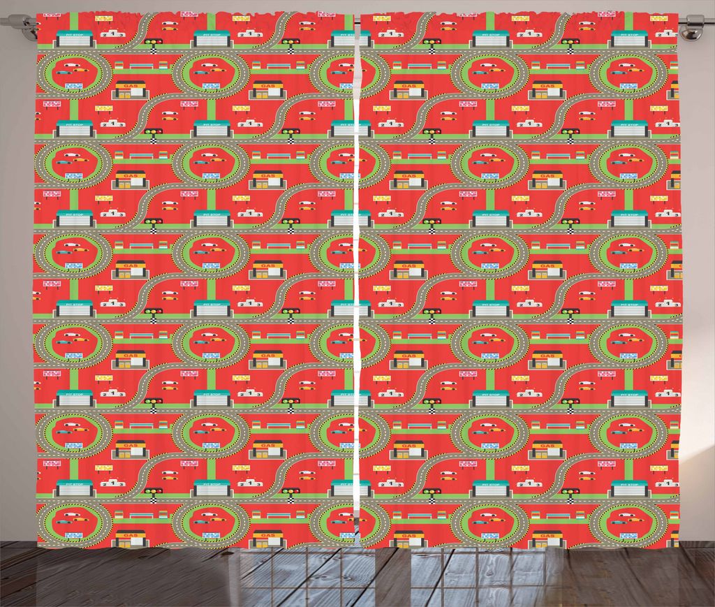 ABAKUHAUS Autorennbahn Rustikaler Gardine, Tankstelle, Schlafzimmer Kräuselband Vorhang mit Schlaufen und Haken, 280 x 175 cm, Mehrfarbig