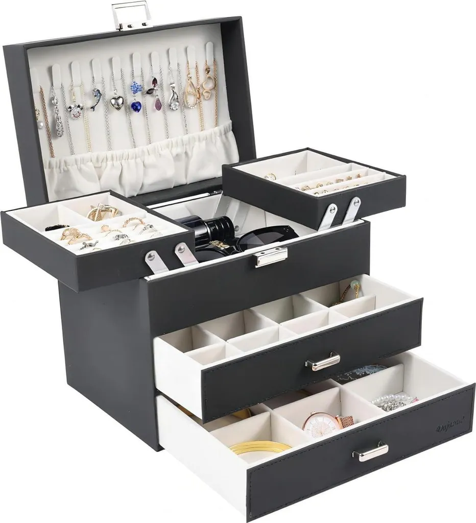Coffret Bijoux 4 Niveaux Noir : 2 Tiroirs Pratiques et Finition Velours