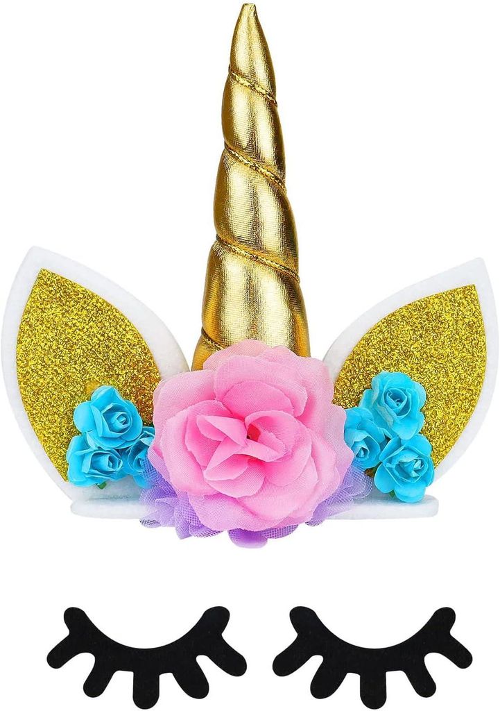 Goldene Einhorn-Kuchendekoration mit Wimpern und Ständer, für Geburtstag, Babyparty, Hochzeit