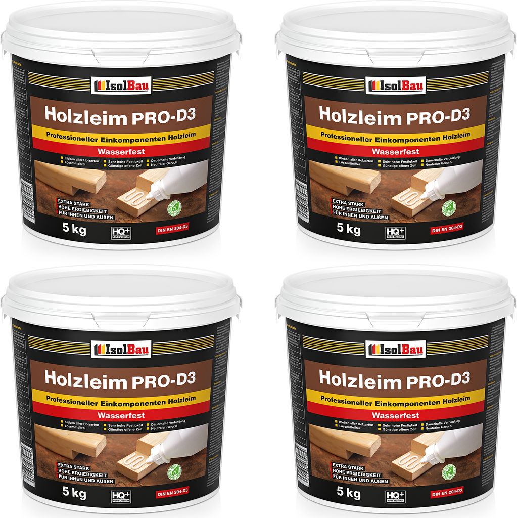 Isolbau Holzleim PRO-D3 - 4 x 5 kg Eimer Extra starker Holzkleber für alle Holzarten, für Innen & Außen, Wasserfest, Lösemittelfrei