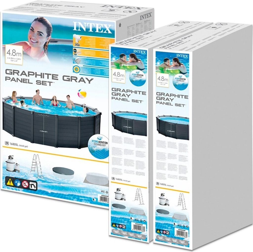 Product packaging for an Intex Graphite Gray Panel Pool Set, showing the pool filled with water and people, along with accessories and the boxes for two sets.