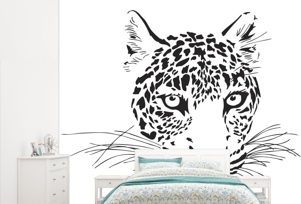 MuchoWow Fototapete für Wohnzimmer oder Schlafzimmer Wandtapete Vinyl Motivtapete Eine Illustration des Kopfes eines Leoparden - 315x260 cm - Ge...