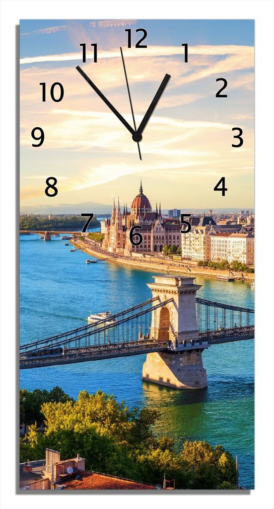 Wallario Design Wanduhr bedruckt, Größe 30 x 60 cm, Motiv: Metropole an der Donau