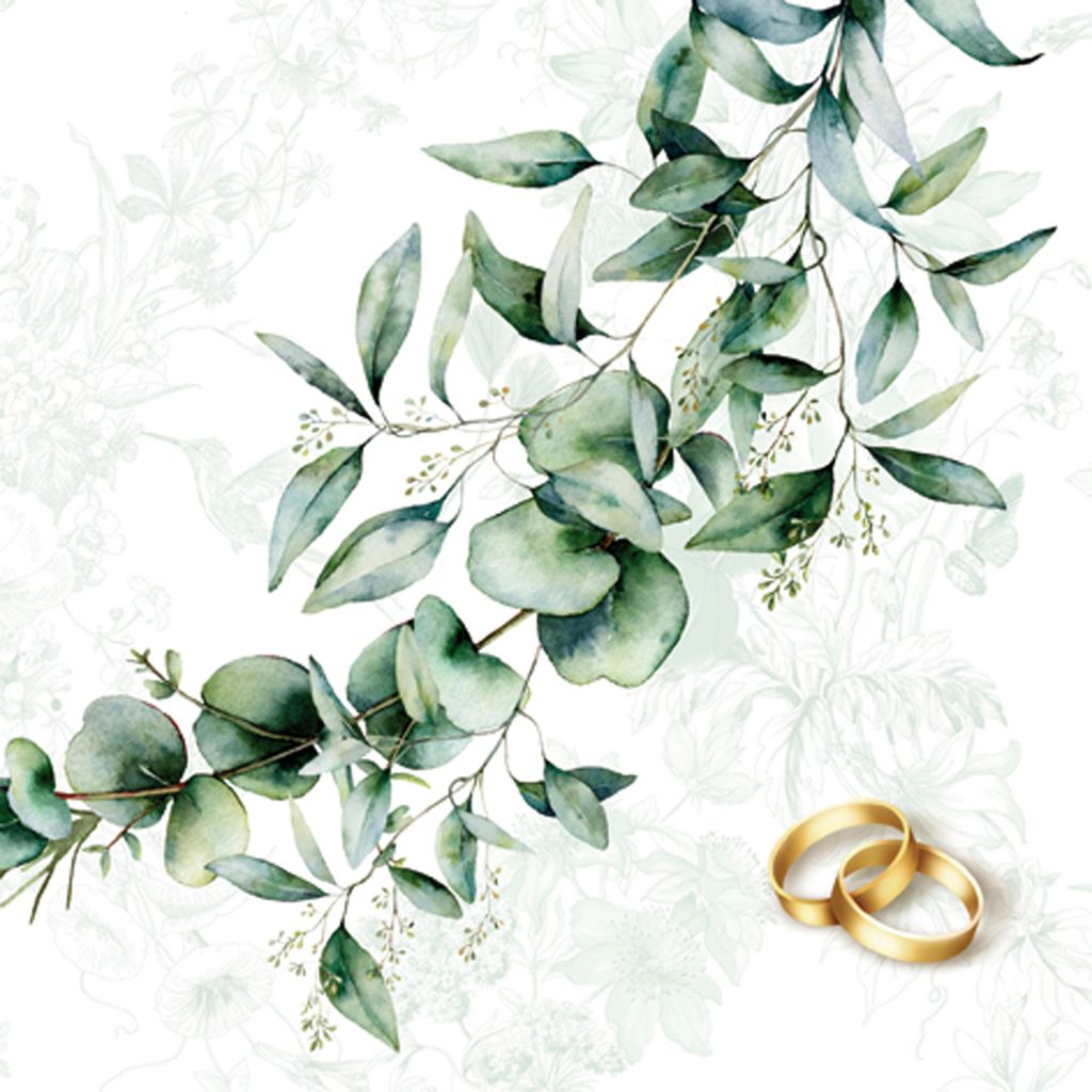 ti-flair 20 Servietten Goldene Ringe an grünen Blättern | Eukalyptus | Hochzeit | Heirat | Tischdeko | Decoupage | Serviettentechnik 33x33cm