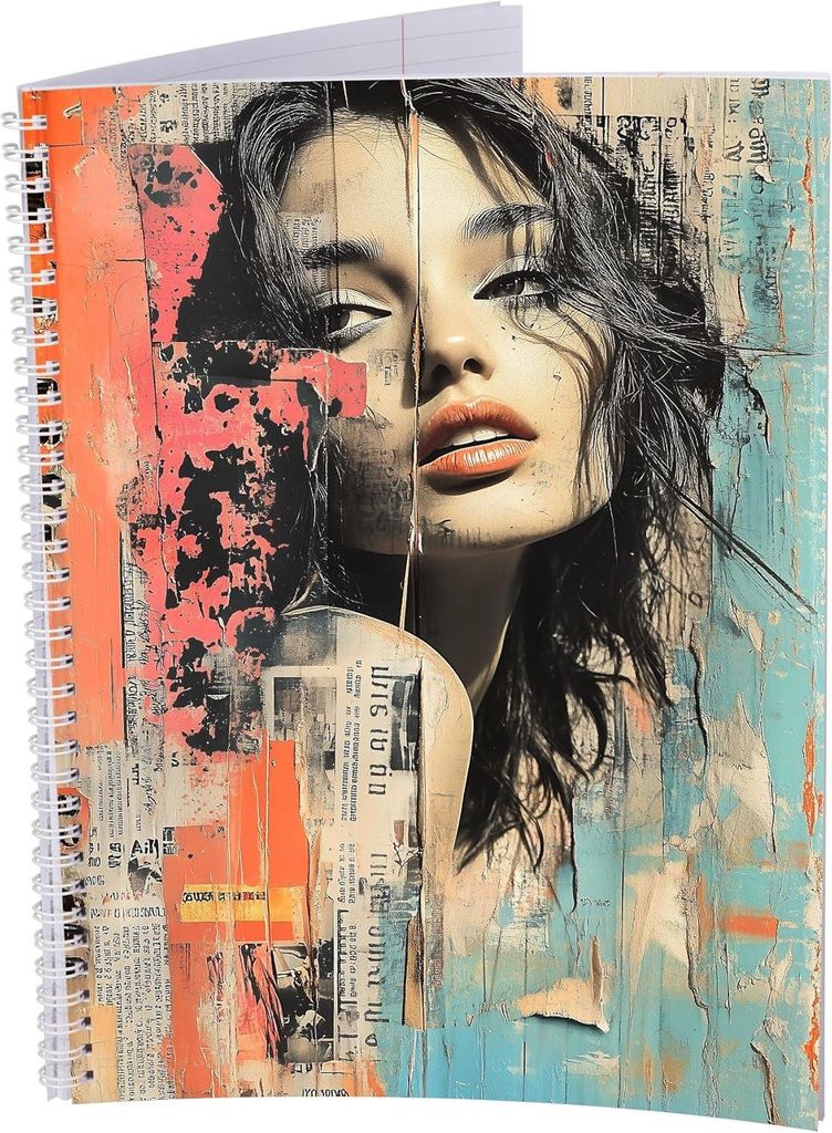 Collegeblock – 5 Stück – Street Art Frau - A4 – liniert - 80 Blatt – 80g – gelocht – Spiralbindung weiß – Korrekturrand – Student...