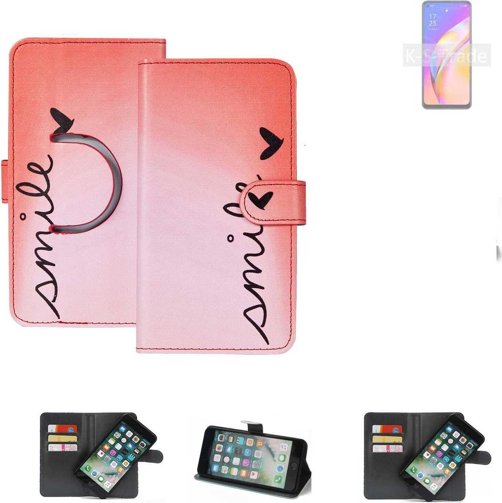 K-S-Trade Schutzhülle Handyhülle kompatibel mit Oppo A94 5G Hülle cover bookstyle Etui ''smile'' rot Standfunktion Kameraschutz (1Stk)