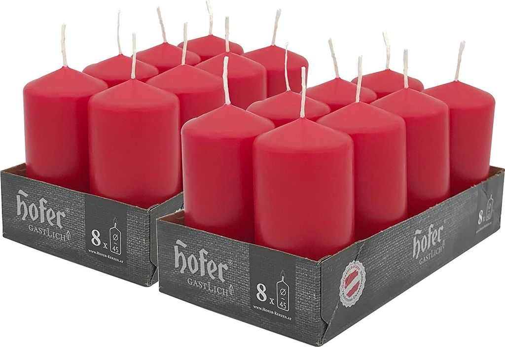 HOFER Stumpenkerzen 16er Set Rote Dekokerzen Ø 4,5 x 9 cm – 15h Brenndauer, Tropffrei, Unparfümiert
