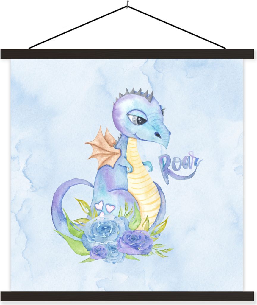 MuchoWow Textilposter Dinosaurier - Blau - Kinderzimmer - Jungen - Mädchen - Kinder 40x40 cm mit schwarzem Rahmen - Fotos