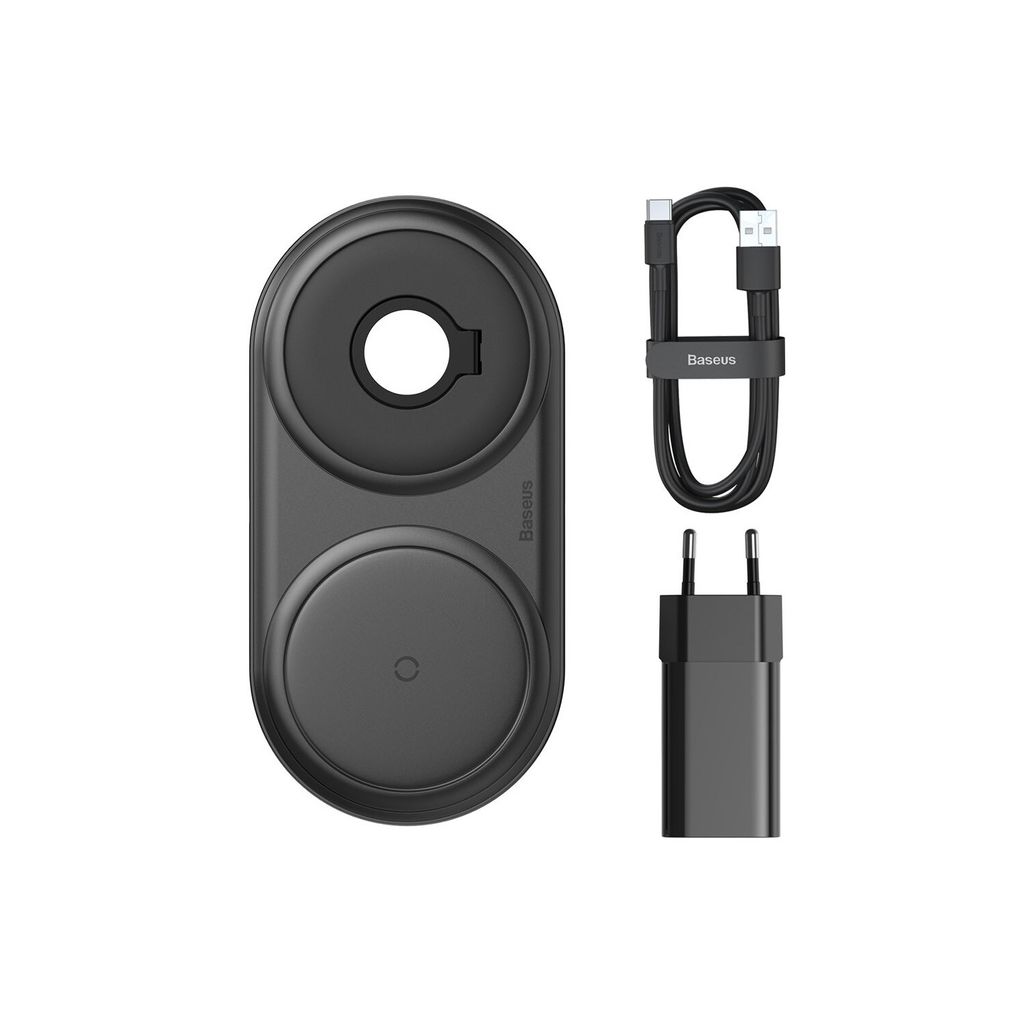 Baseus kabelloses Wireless Charger Ladegerät 10W + USB Typ C Kabel 3A 1M + Wandladegerät 12 V / 2A kompatibel mit iPhone, Watch, Air Pods schwarz