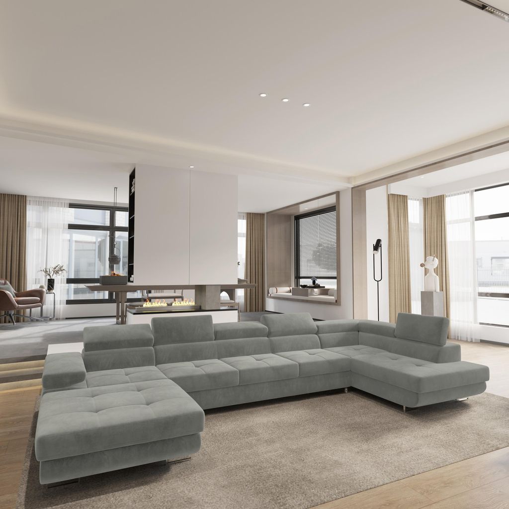 Masseno Ecksofa TORIVA R-S mit Schlaffunktion U-Form, Sofa mit Bettkasten, Wohnzimmersofa, Couch, Soffa, Bettsofa, Couchgarnitur- Hellgrau, MONOLIT...