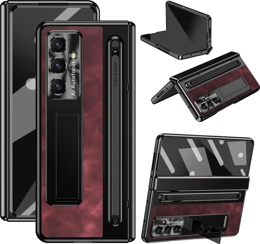 Hülle für Samsung Galaxy Z Fold 7, Metall Objektiv Scharnier Schutz, Vintage Leder Ständer Handyhülle mit S Pen Halter und Displayschutzfolie Rot