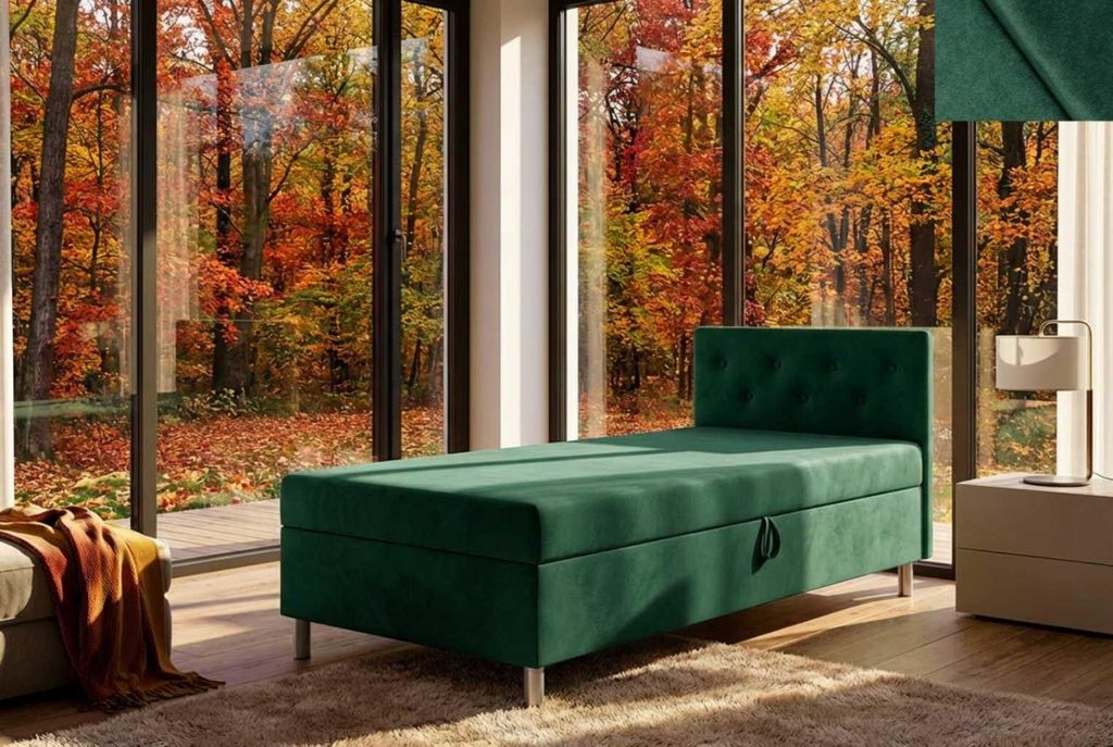 Jugend Polsterbett LAVANDA Nordelo mit Bettkasten und Kopfteil – T30 Matratze, 90x200, Stoff New Velo 119 GRÜN