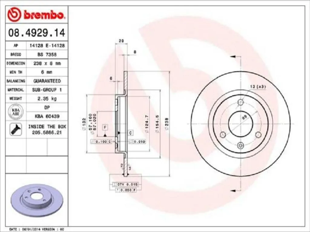 Disque de frein Brembo 08.4929.14 Essieu Avant en Fonte Haute Densité