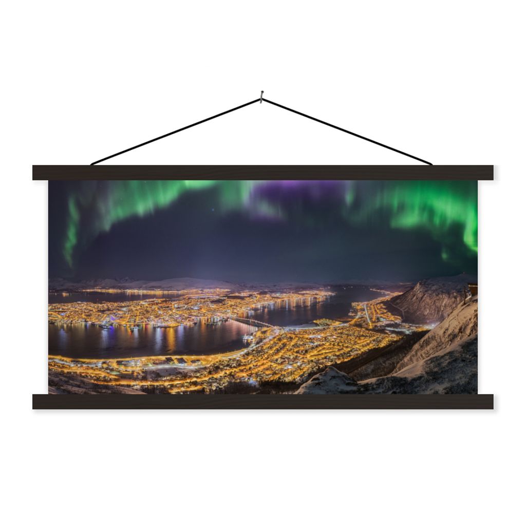 MuchoWow Textilposter Nordlichter - Grün - Lila - Norwegen 60x30 cm mit schwarzem Rahmen - Textilien