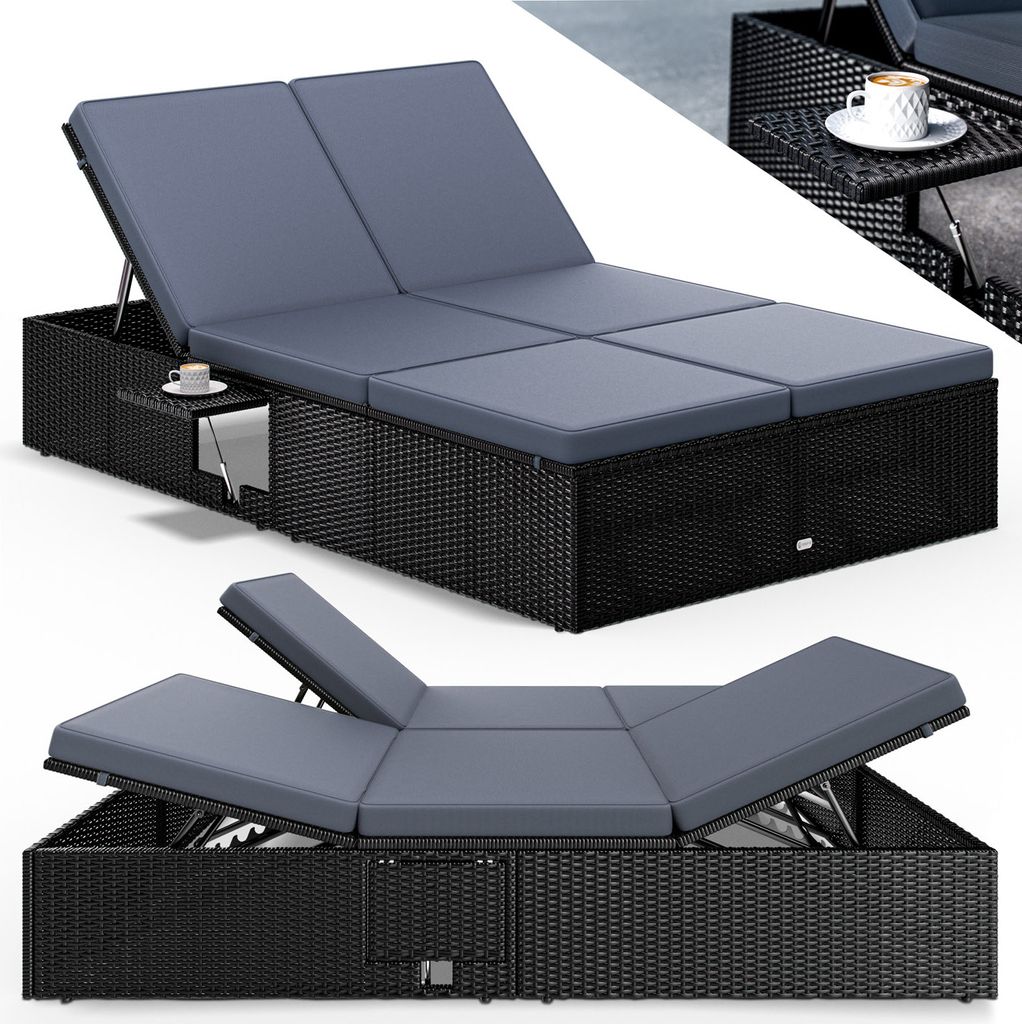 A collage of images showing a black rattan double sun lounger with grey cushions, with a small table attached and the lounger in different configurations.