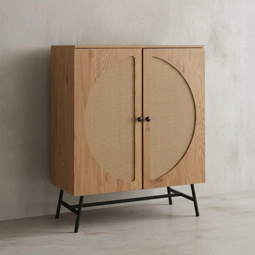 Sideboard 80x103x39 cm Highboard Eiche-Nachbildung mit Rattan Geflecht Modern, Hoher Kommodenschrank, Standschrank mit 2 Türen, Kommode Anrichte W...
