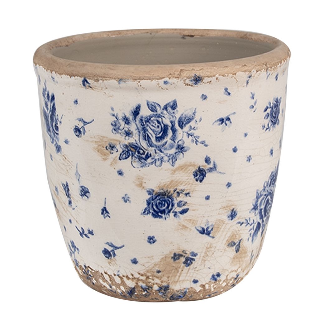 Clayre & Eef Blumentopf Ø 13x12 cm Beige Blau Keramik Rosen Produktbild 