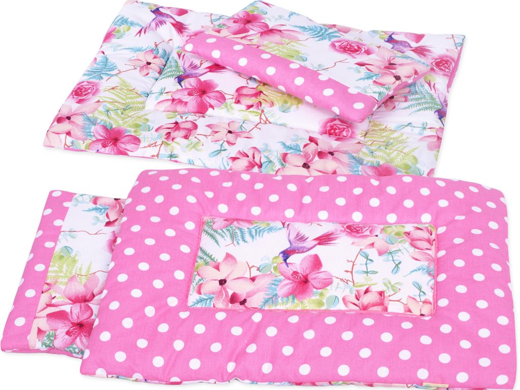 Puppenbettwäsche mit BOBO Puppenbettwäsche-Applikation - rosa Blumen