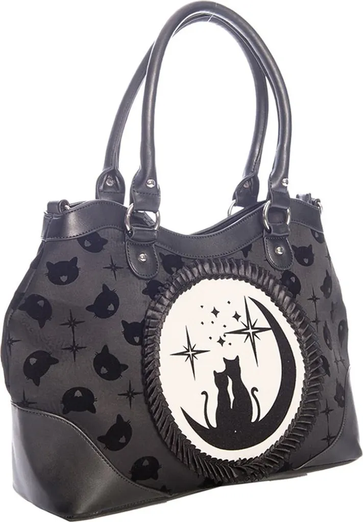 Petit Sac à Main Gothique Lunar Sisters en Velours Noir avec Camée Chat