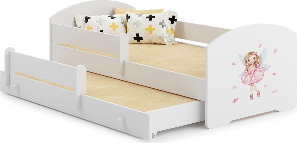 Kinderbett LUK II – Doppelbett mit Schublade und Sicherheitsbarrieren, 160x80 cm | Inklusive 2 Matratzen und Montagekit, Weiß mit Motiv Mädchen...