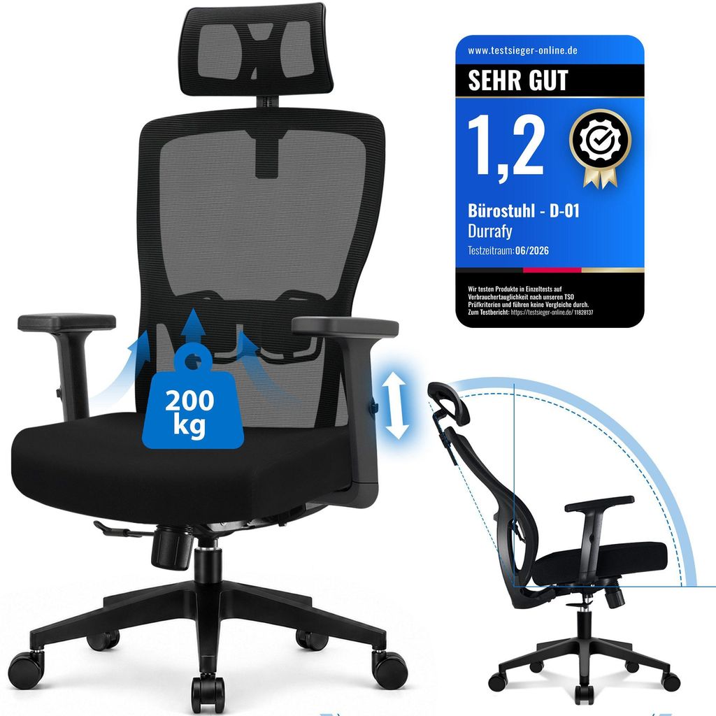 Bürostuhl Ergonomischer Bürostuhl 200 kg mit Kopfstütze & Produktbild 