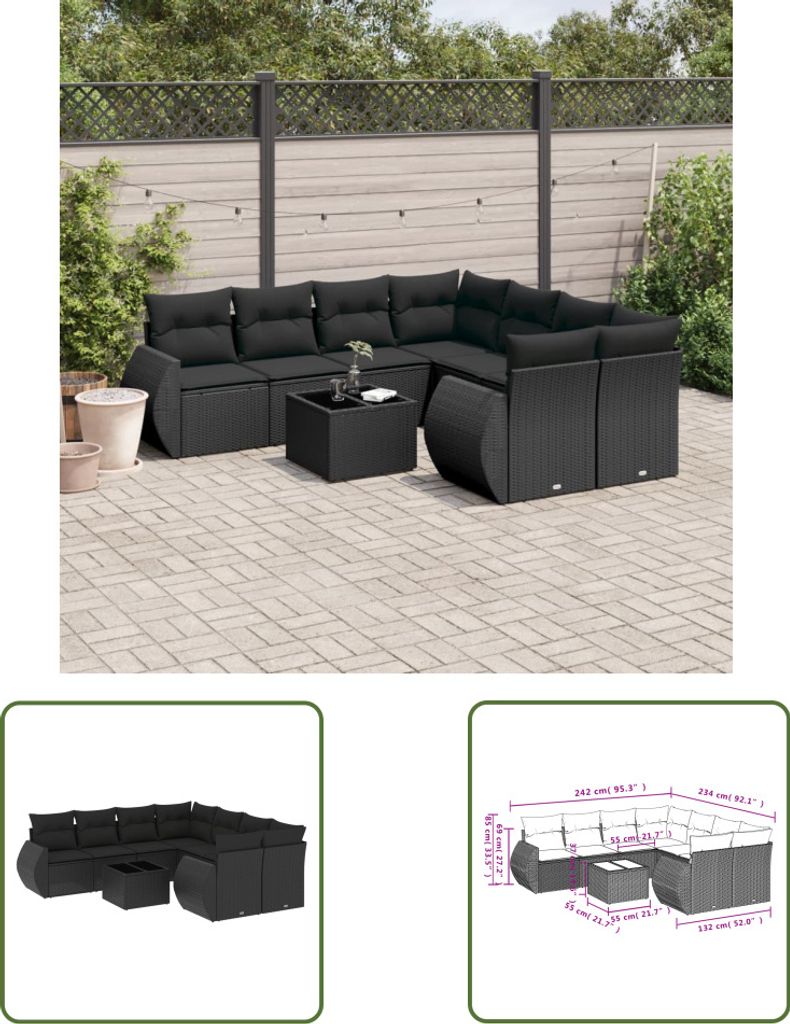 The Living Store 9-tlg. Garten-Sofagarnitur mit Kissen Schwarz Poly Rattan
