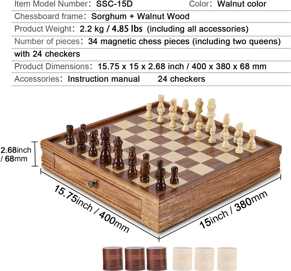 Jeu d'échecs & Dames 15" en bois - Idéal Tournoi & Débutant - 7